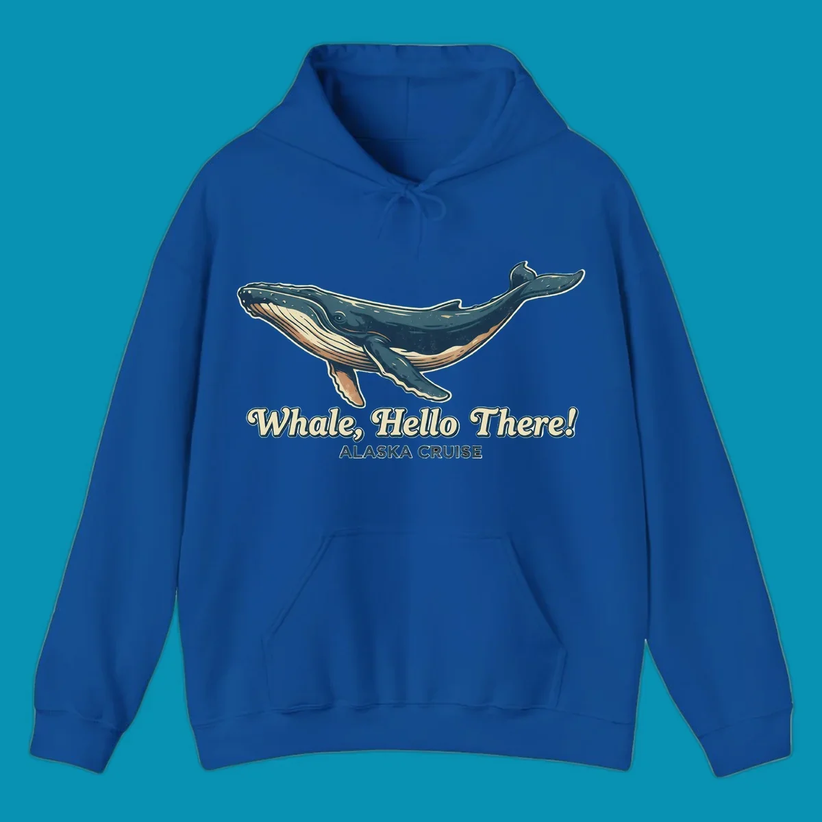 Vintage-style illustration of a teal and cream humpback whale with 'Whale, Hello There! Alaska Cruise' text for the whale-hello-there-cruise design