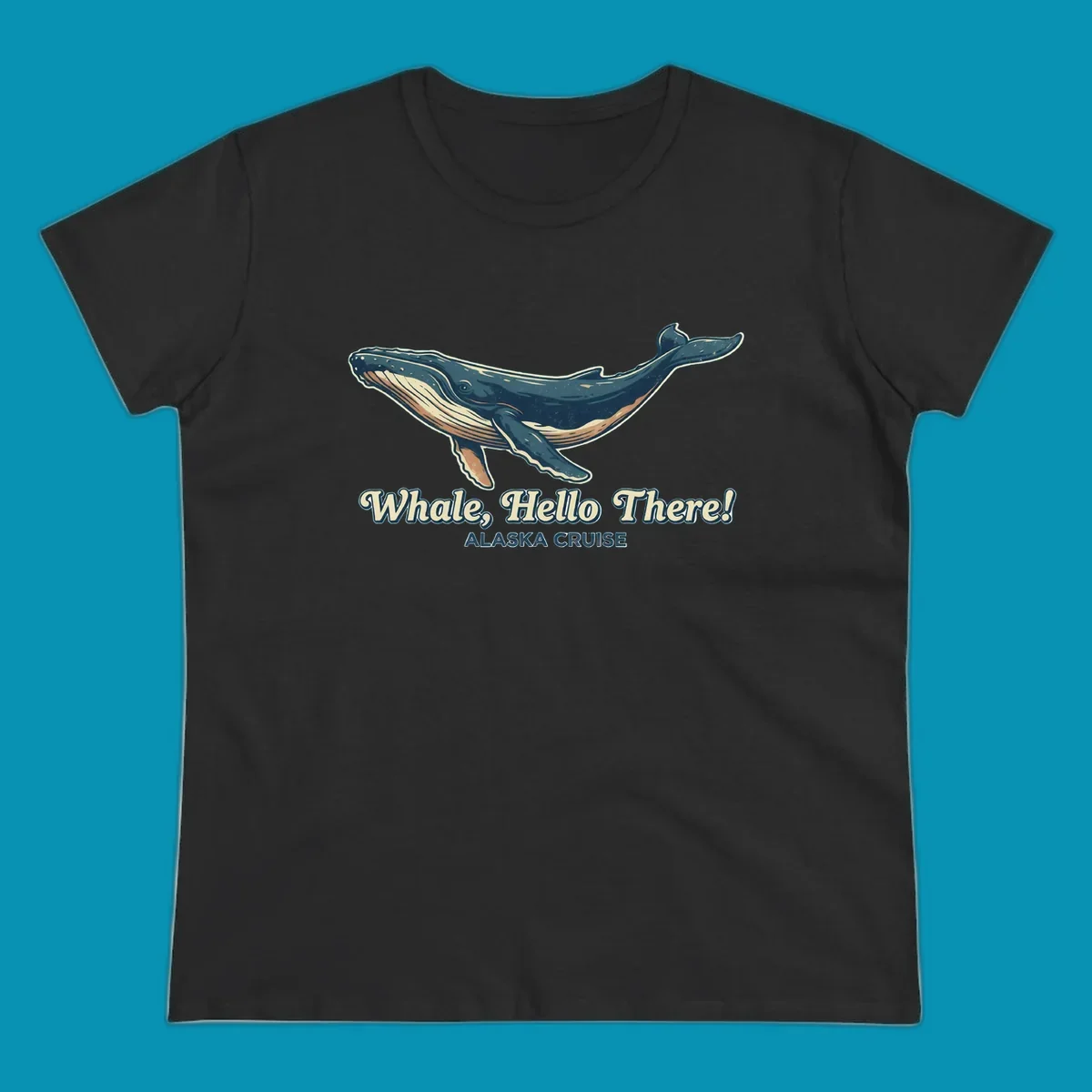 Vintage-style illustration of a teal and cream humpback whale with 'Whale, Hello There! Alaska Cruise' text for the whale-hello-there-cruise design