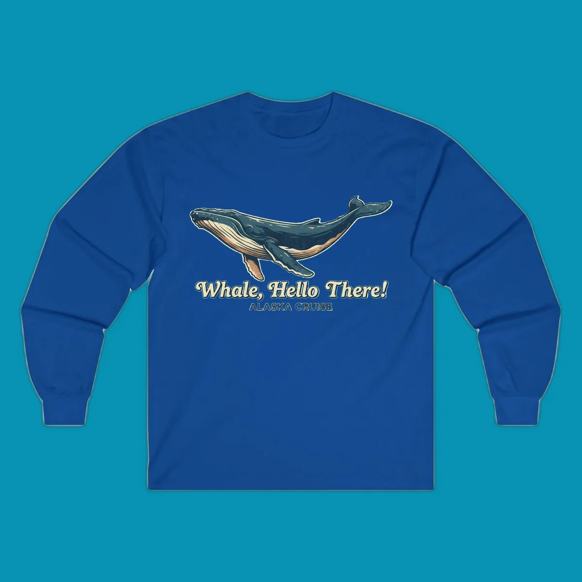 Vintage-style illustration of a teal and cream humpback whale with 'Whale, Hello There! Alaska Cruise' text for the whale-hello-there-cruise design