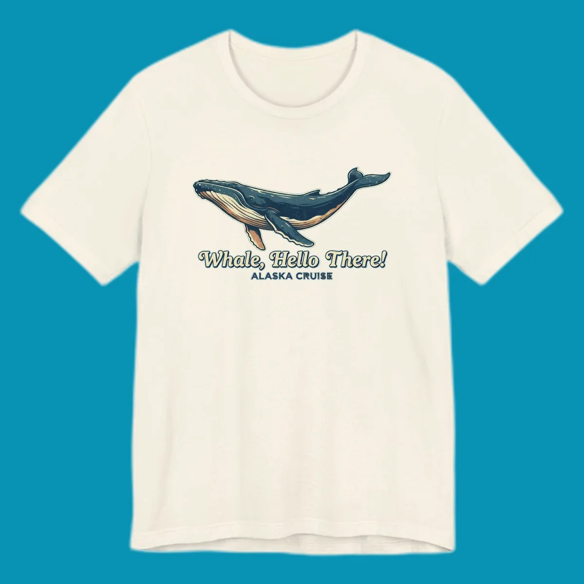 Vintage-style illustration of a teal and cream humpback whale with 'Whale, Hello There! Alaska Cruise' text for the whale-hello-there-cruise design