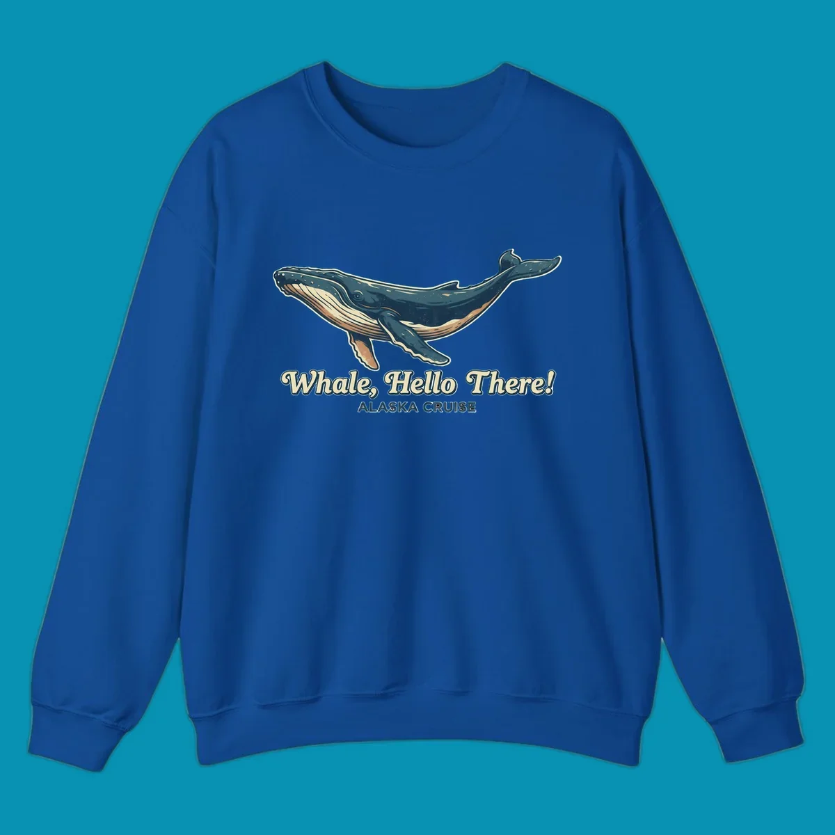 Vintage-style illustration of a teal and cream humpback whale with 'Whale, Hello There! Alaska Cruise' text for the whale-hello-there-cruise design