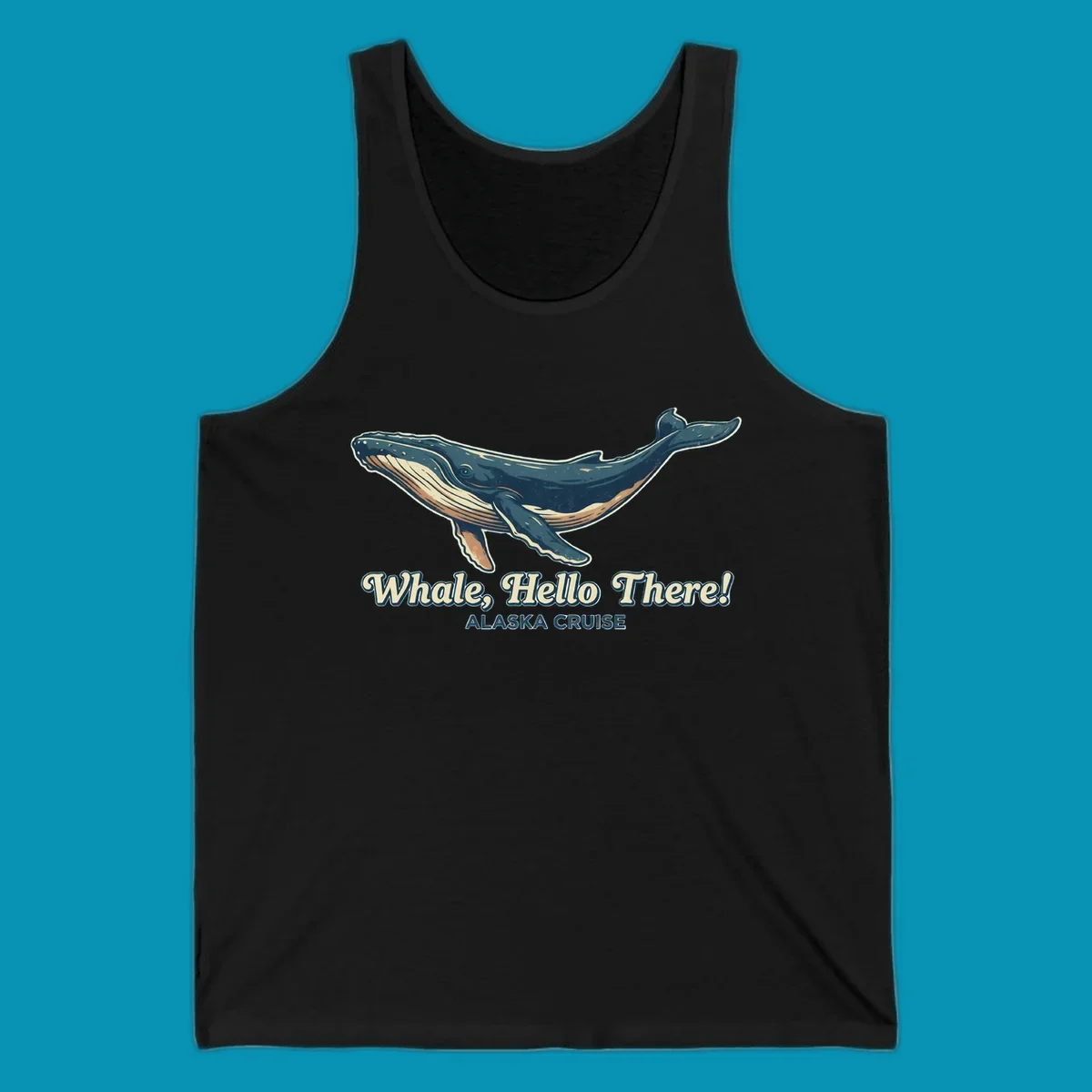 Vintage-style illustration of a teal and cream humpback whale with 'Whale, Hello There! Alaska Cruise' text for the whale-hello-there-cruise design