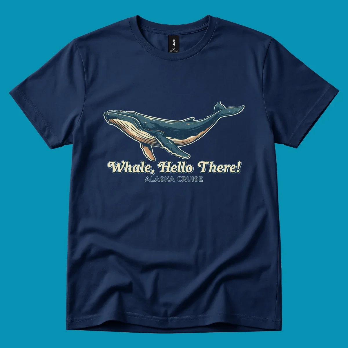 Vintage-style illustration of a teal and cream humpback whale with 'Whale, Hello There! Alaska Cruise' text for the whale-hello-there-cruise design