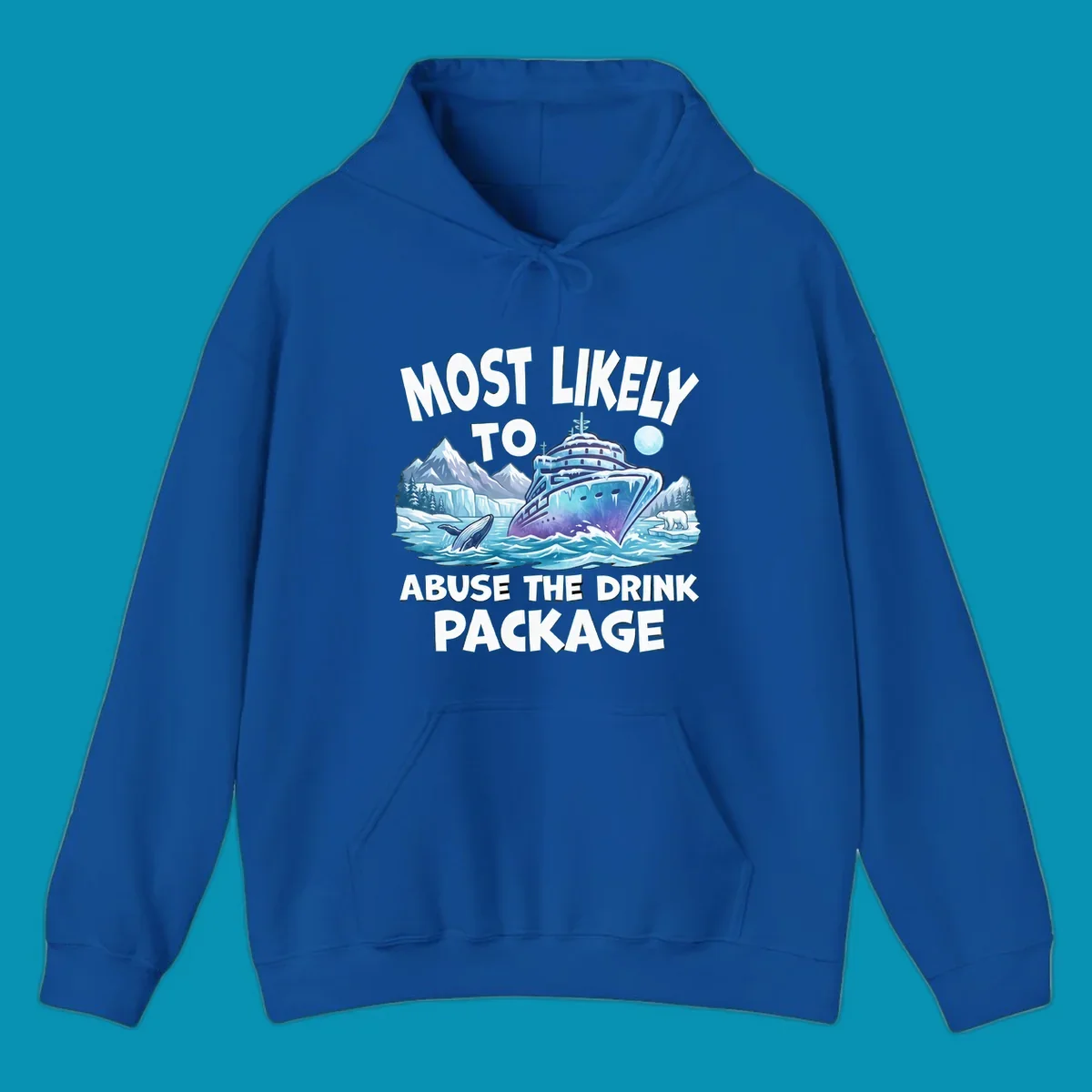 Illustration of luxury cruise ship in icy Arctic waters with whales, polar bears, and glaciers; bold text reads 'Most Likely To Abuse The Drink Package'
