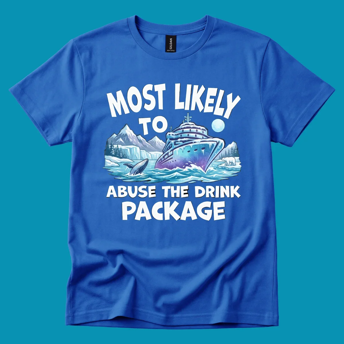 Illustration of luxury cruise ship in icy Arctic waters with whales, polar bears, and glaciers; bold text reads 'Most Likely To Abuse The Drink Package'