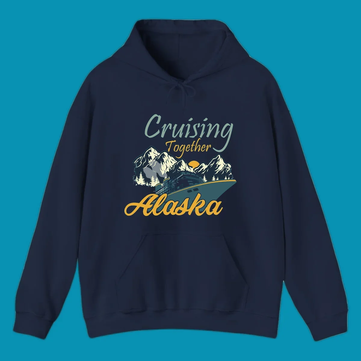 Cruising Together Alaska design with cruise ship, snow-capped mountains, evergreen trees, and golden sun against gray background