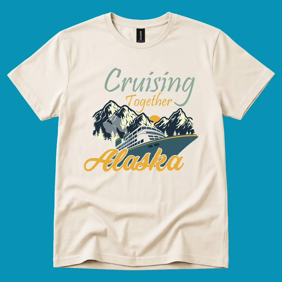 Cruising Together Alaska design with cruise ship, snow-capped mountains, evergreen trees, and golden sun against gray background