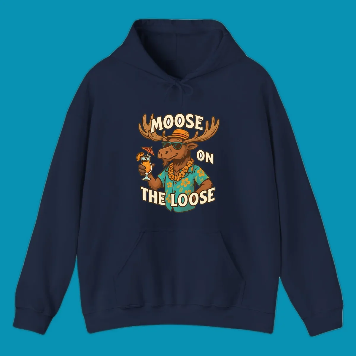 Cartoon moose wearing sunglasses and tropical Hawaiian shirt with lei, holding a cocktail, with text 'Moose On The Loose'