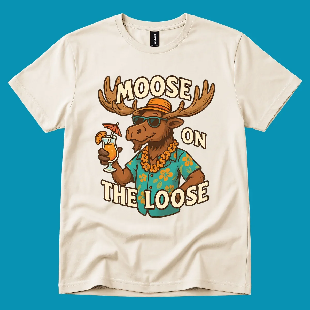 Cartoon moose wearing sunglasses and tropical Hawaiian shirt with lei, holding a cocktail, with text 'Moose On The Loose'
