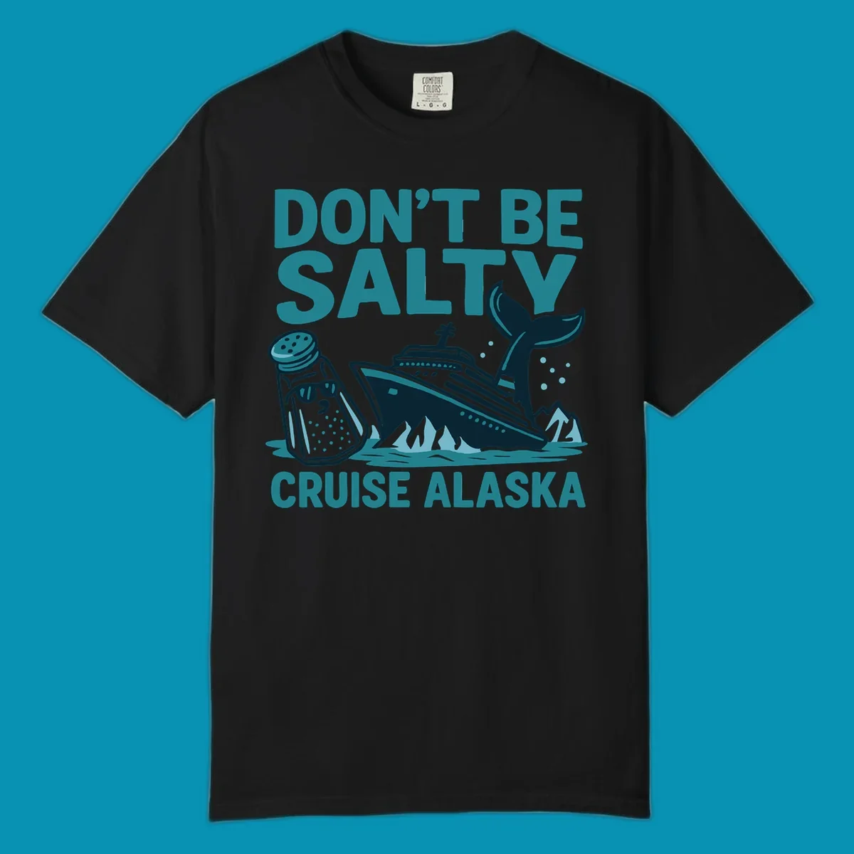Don't be salty cruise design with personified salt shaker, cruise ship, and whale tail in teal and navy illustration