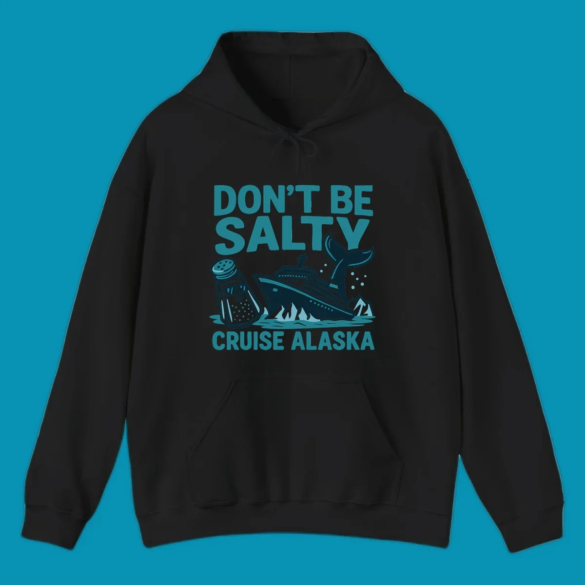 Don't be salty cruise design with personified salt shaker, cruise ship, and whale tail in teal and navy illustration