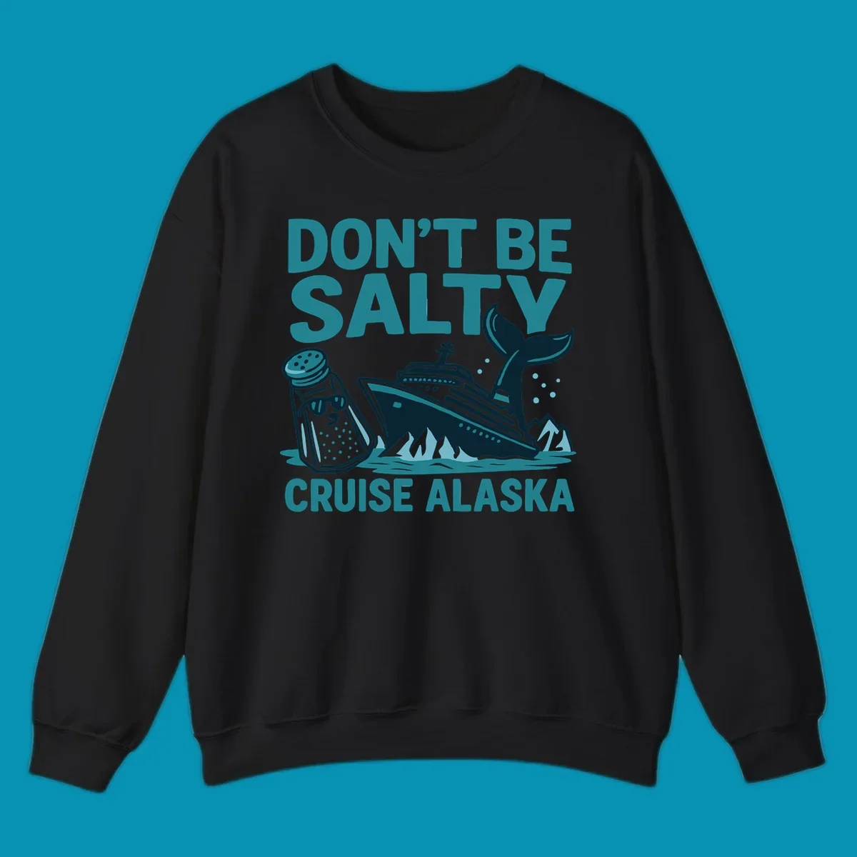 Don't be salty cruise design with personified salt shaker, cruise ship, and whale tail in teal and navy illustration