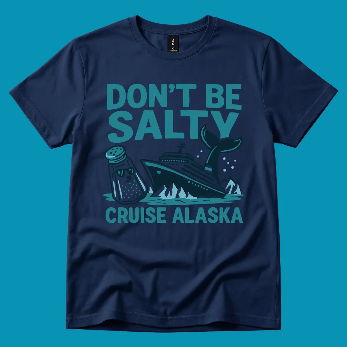 Don't be salty cruise design with personified salt shaker, cruise ship, and whale tail in teal and navy illustration