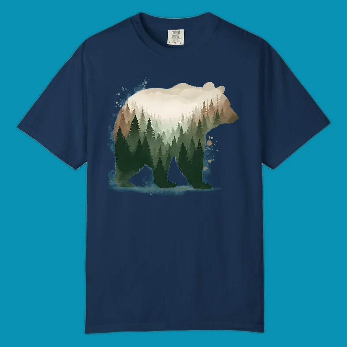 Bear silhouette filled with layered coniferous forest, mountains, and misty peaks in double exposure style
