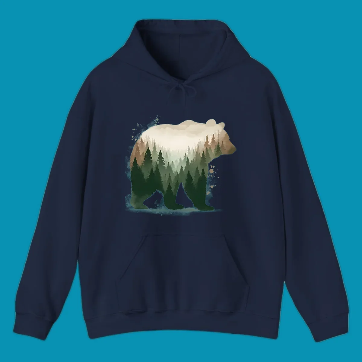 Bear silhouette filled with layered coniferous forest, mountains, and misty peaks in double exposure style