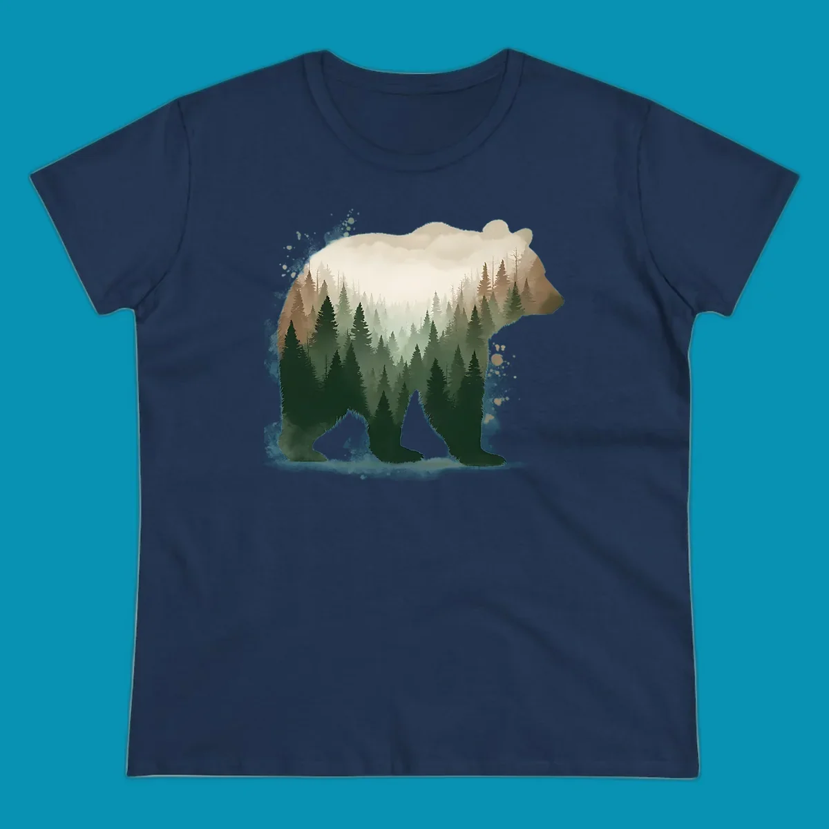 Bear silhouette filled with layered coniferous forest, mountains, and misty peaks in double exposure style