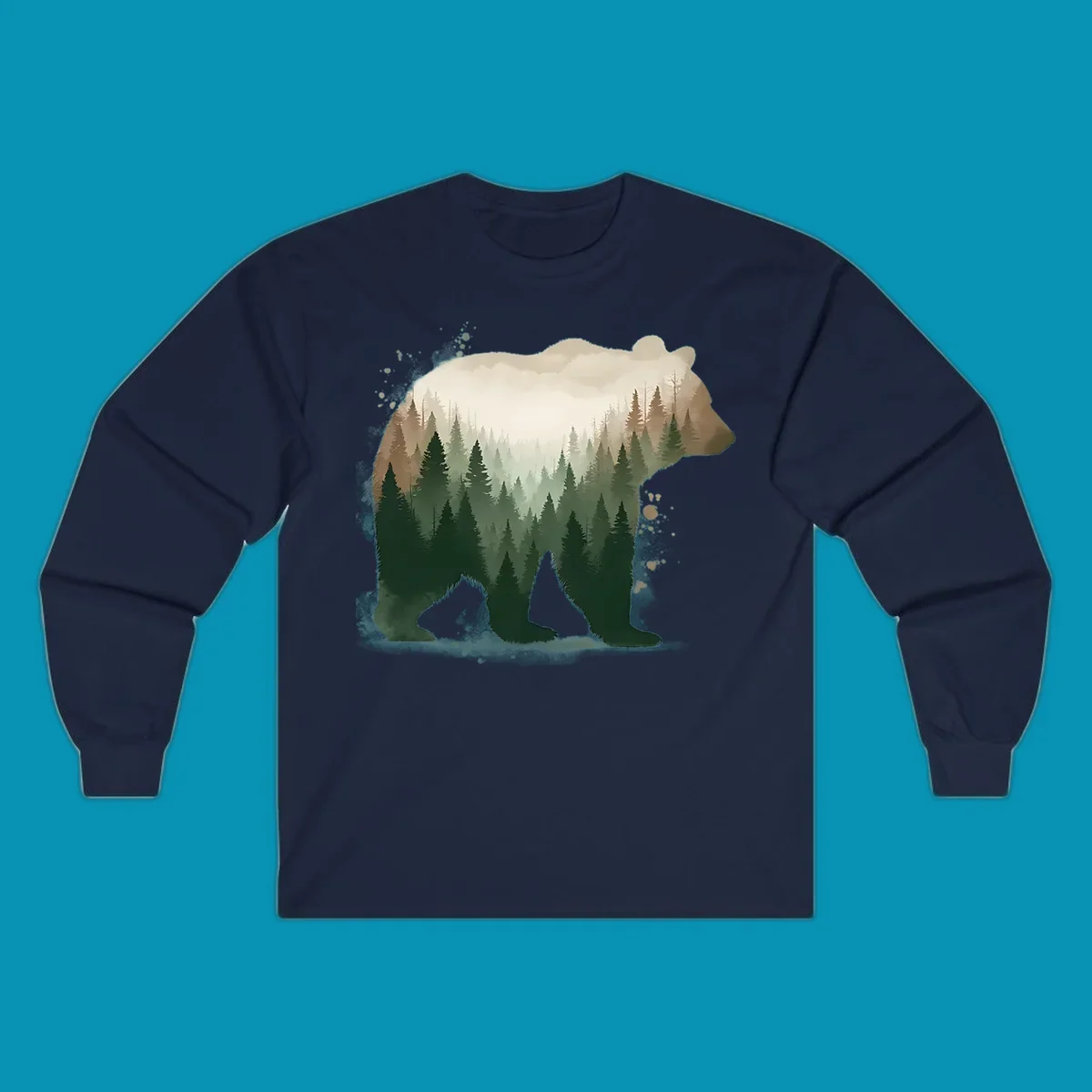 Bear silhouette filled with layered coniferous forest, mountains, and misty peaks in double exposure style