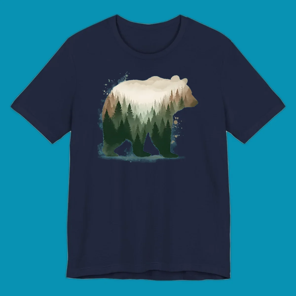 Bear silhouette filled with layered coniferous forest, mountains, and misty peaks in double exposure style