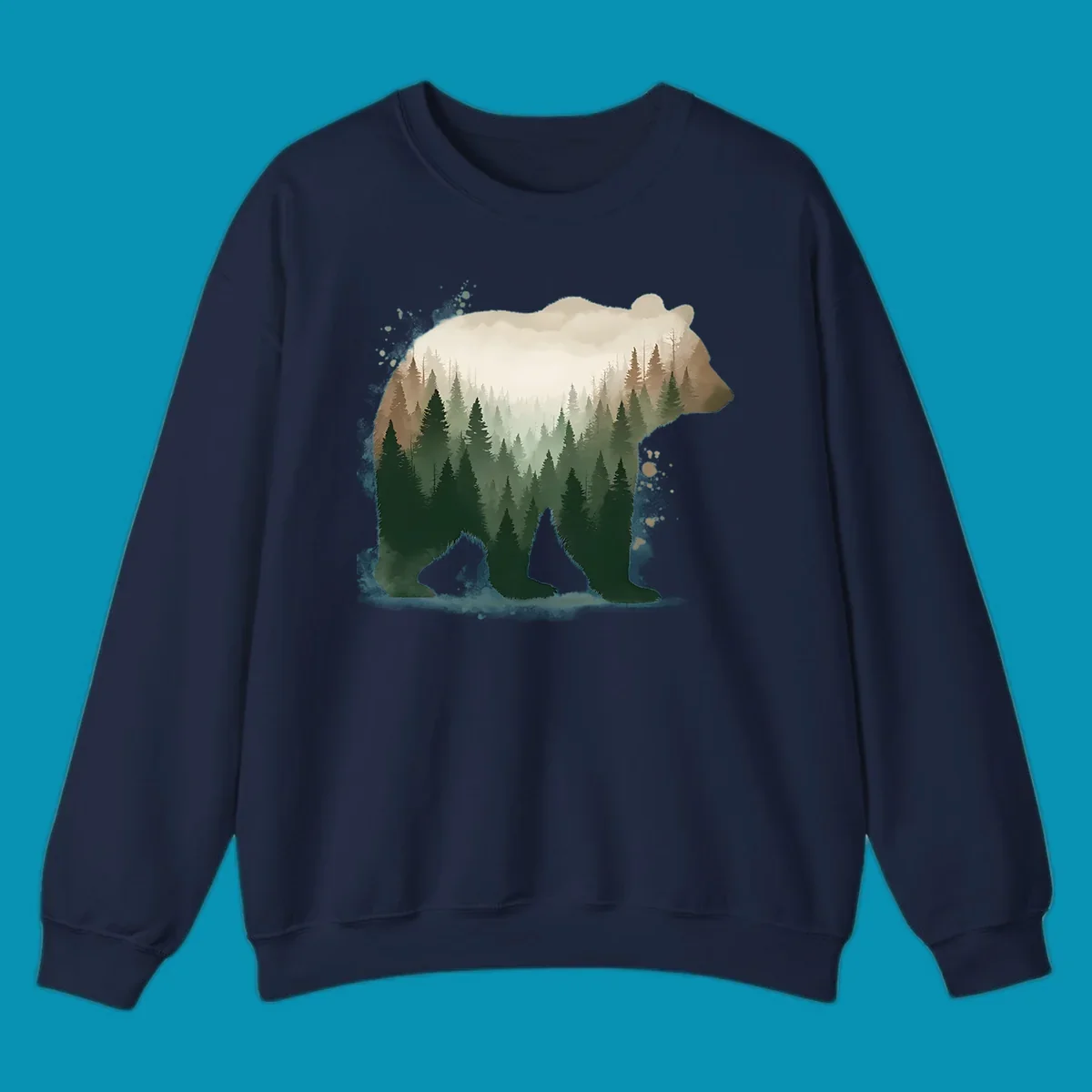 Bear silhouette filled with layered coniferous forest, mountains, and misty peaks in double exposure style