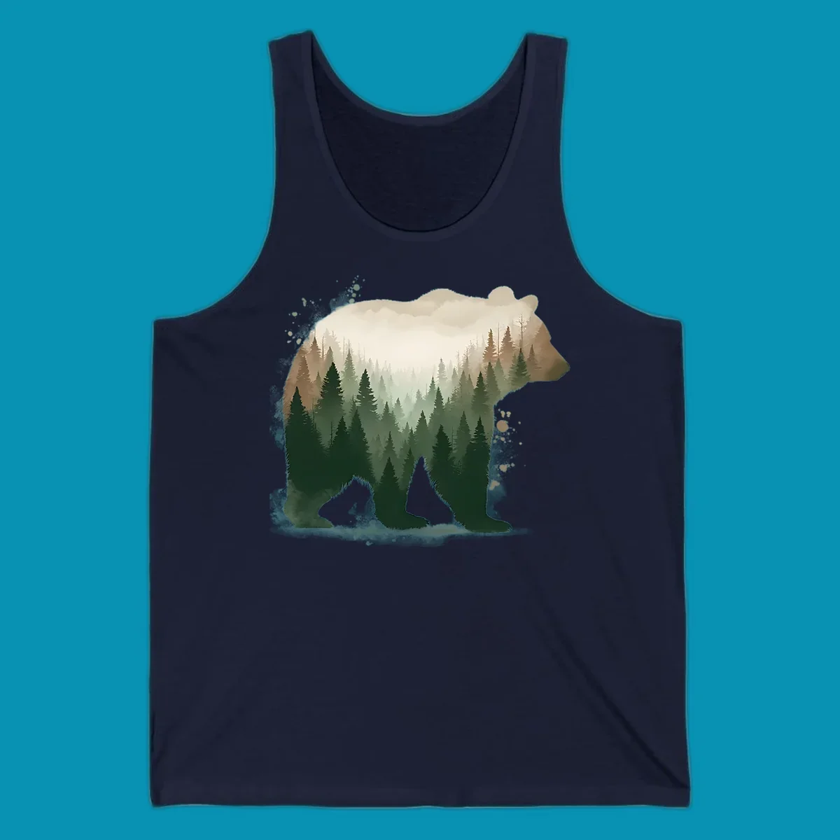Bear silhouette filled with layered coniferous forest, mountains, and misty peaks in double exposure style