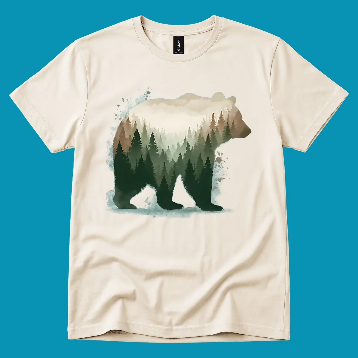 Bear silhouette filled with layered coniferous forest, mountains, and misty peaks in double exposure style