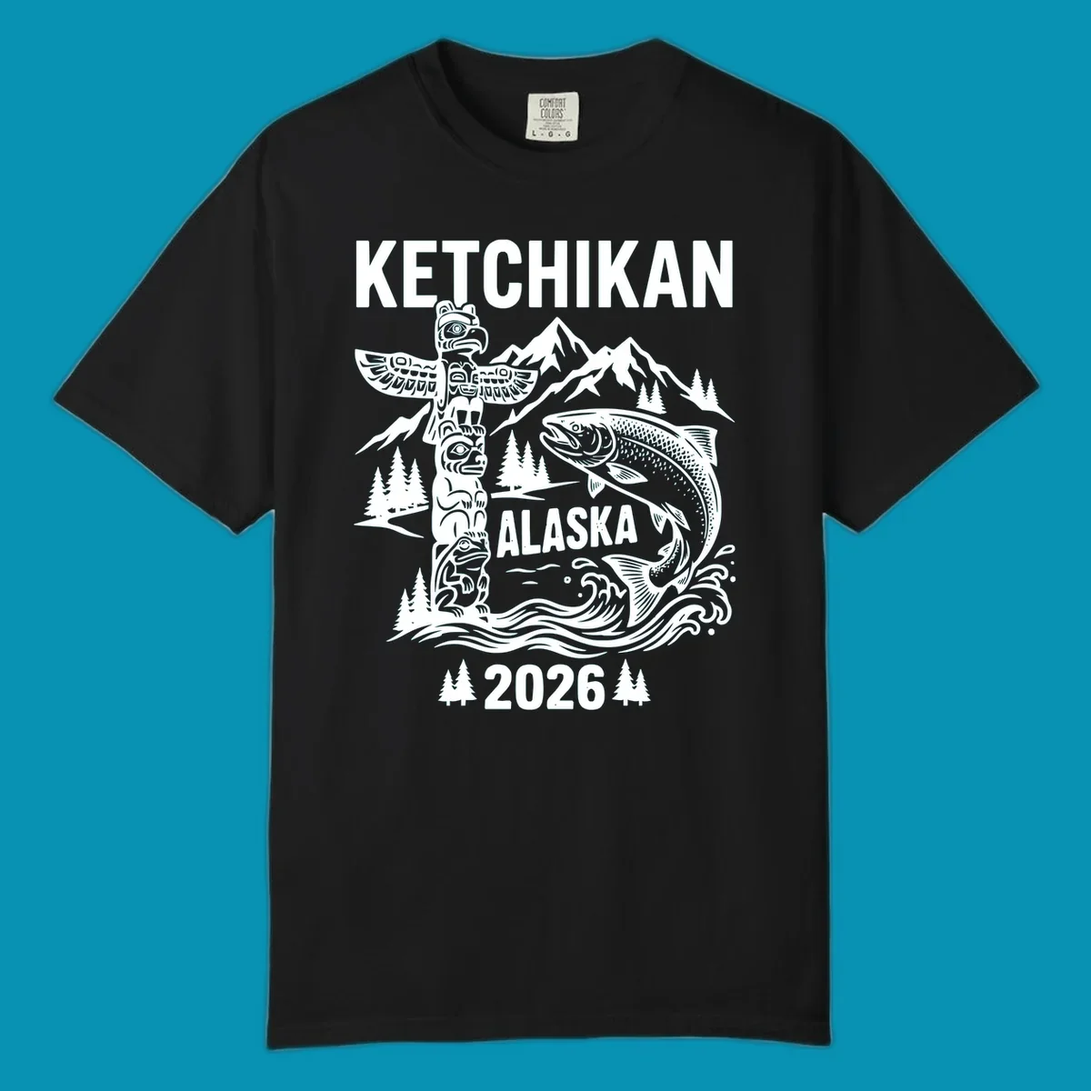 Ketchikan totem salmon cruise design with carved totem pole, leaping salmon, snow mountains and evergreen trees on gray background