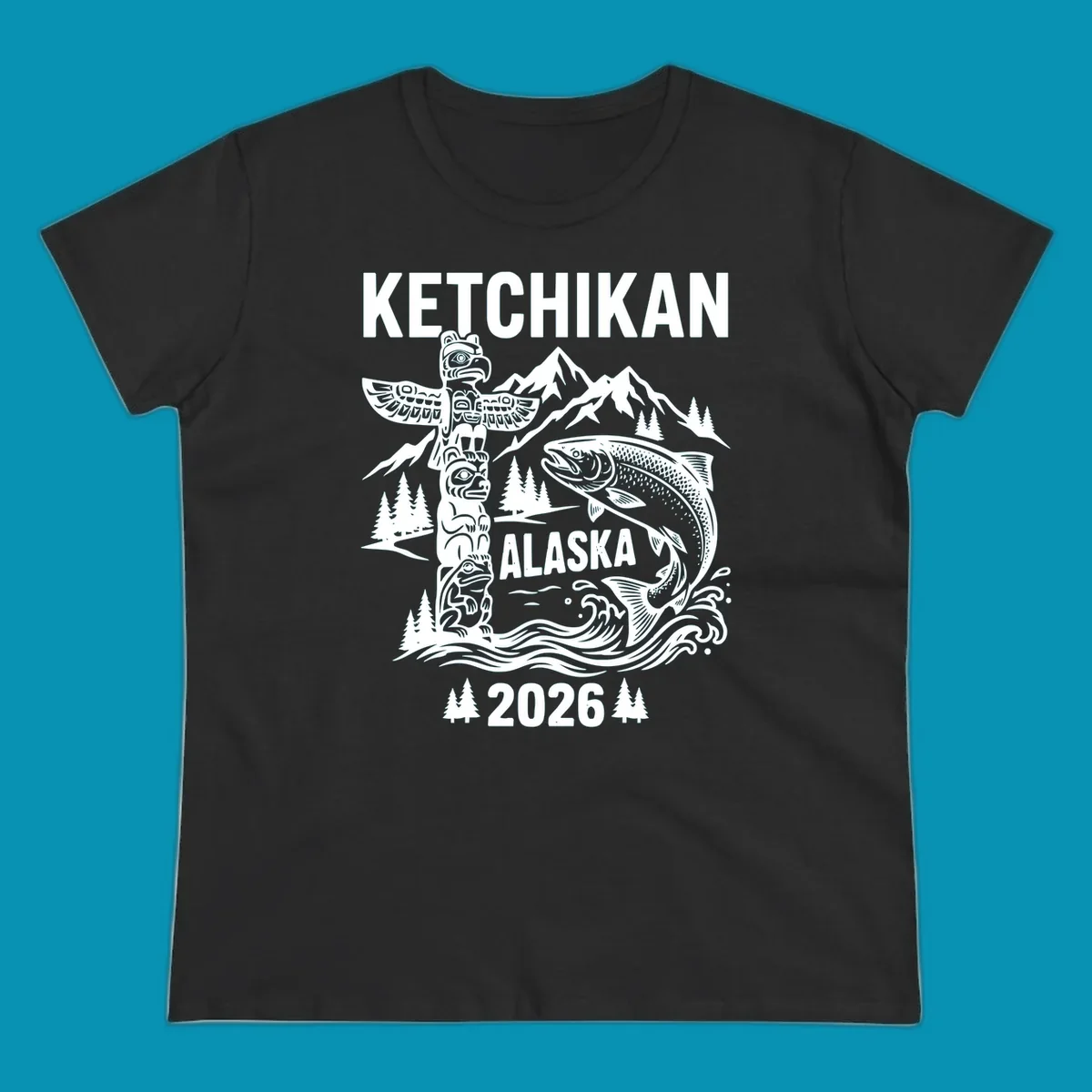 Ketchikan totem salmon cruise design with carved totem pole, leaping salmon, snow mountains and evergreen trees on gray background