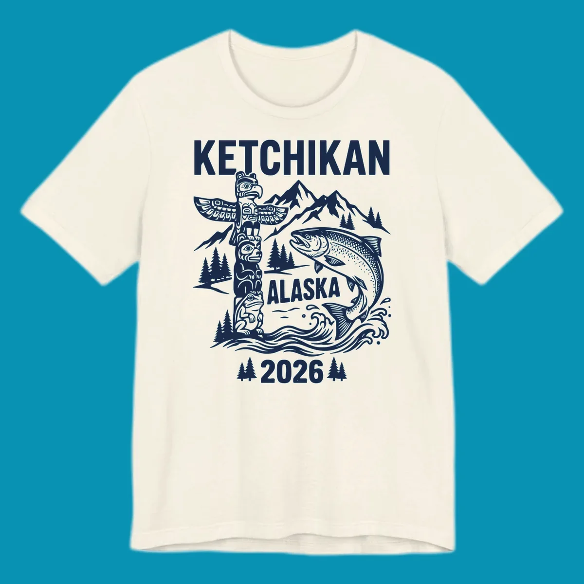 Ketchikan totem salmon cruise design with carved totem pole, leaping salmon, snow mountains and evergreen trees on gray background