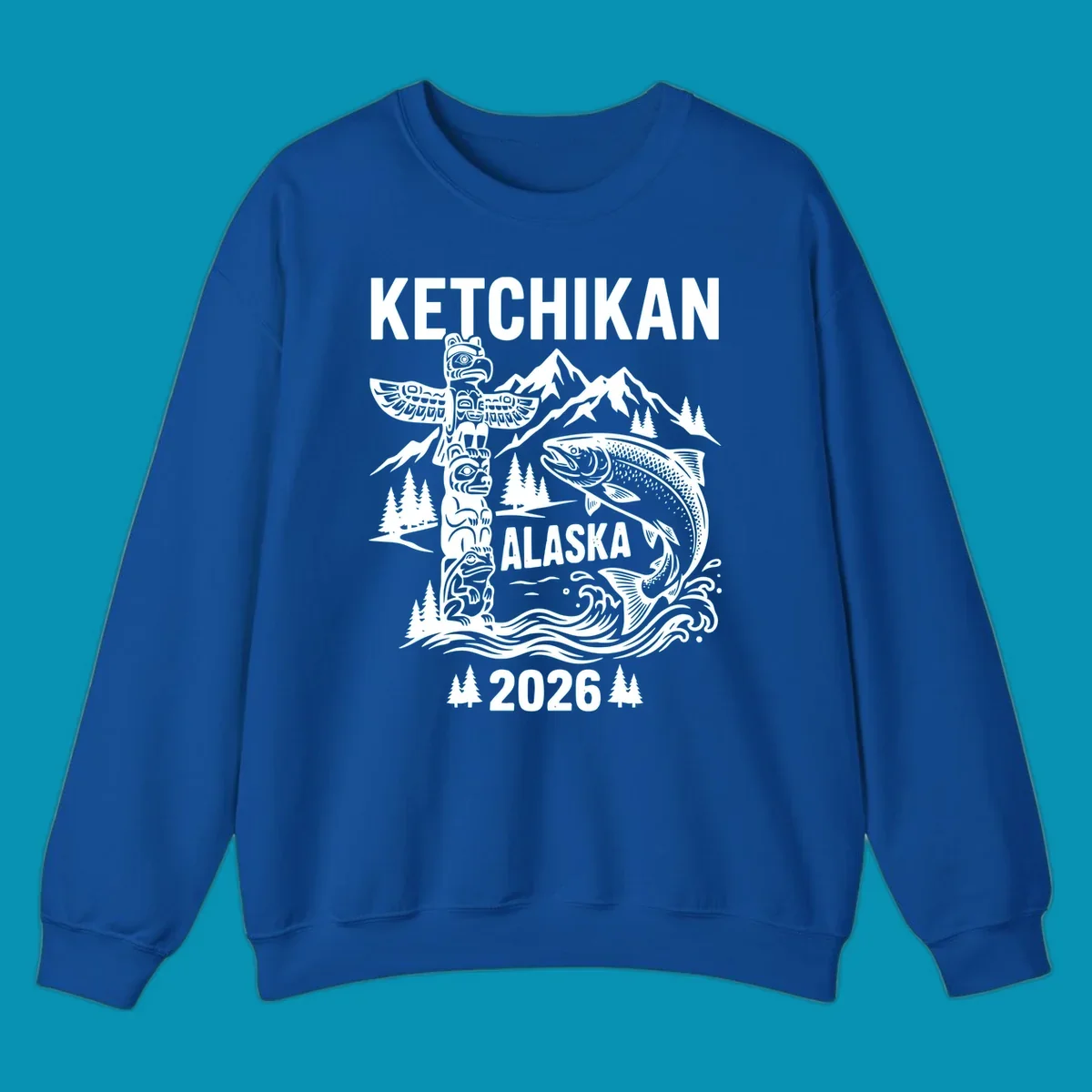 Ketchikan totem salmon cruise design with carved totem pole, leaping salmon, snow mountains and evergreen trees on gray background