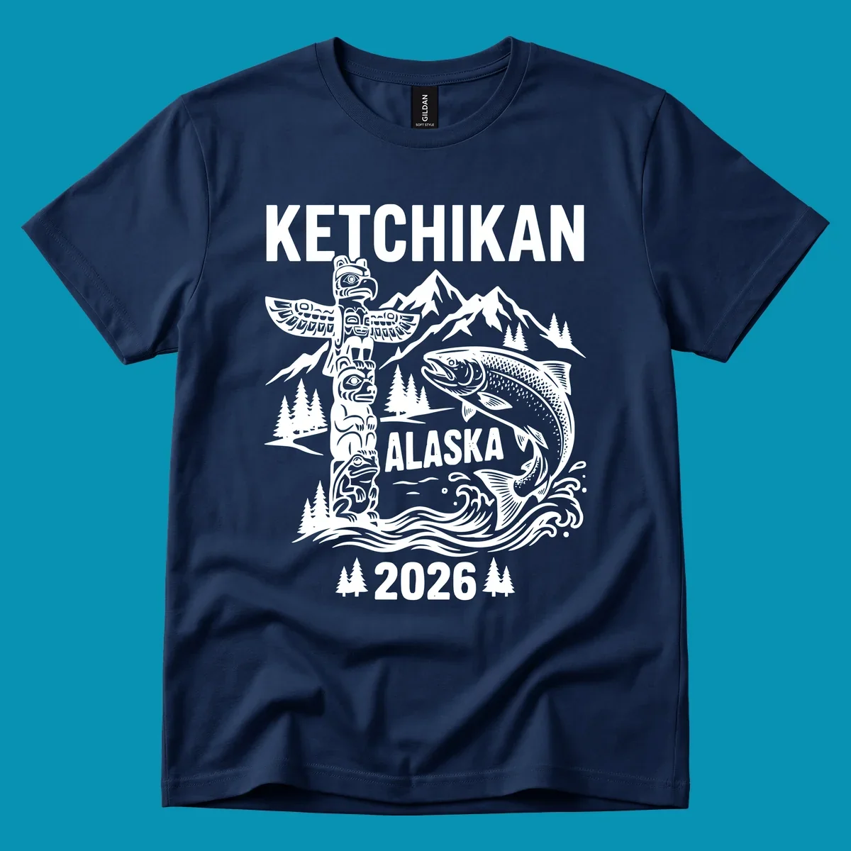 Ketchikan totem salmon cruise design with carved totem pole, leaping salmon, snow mountains and evergreen trees on gray background