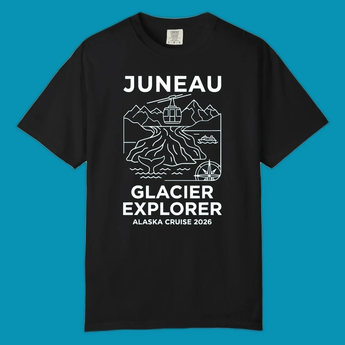 Juneau glacier explorer design featuring cable car, mountains, glacial crevasses, cruise ship, whale tail, and compass rose in white line art on gray background with 'JUNEAU GLACIER EXPLORER ALASKA CRUISE 2026' text.