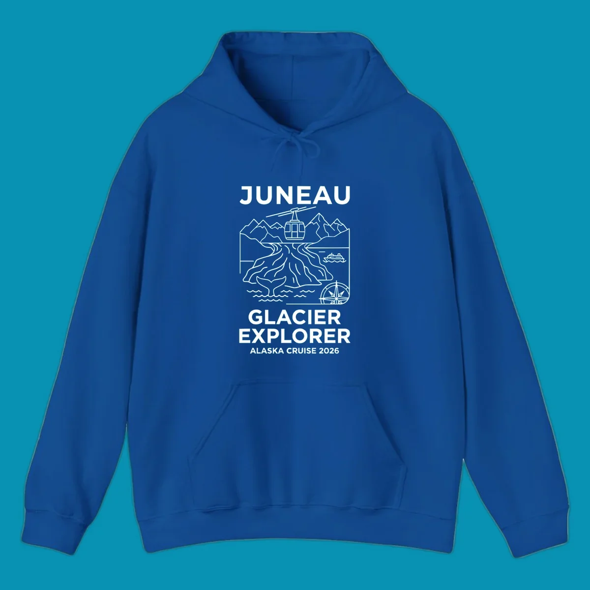Juneau glacier explorer design featuring cable car, mountains, glacial crevasses, cruise ship, whale tail, and compass rose in white line art on gray background with 'JUNEAU GLACIER EXPLORER ALASKA CRUISE 2026' text.