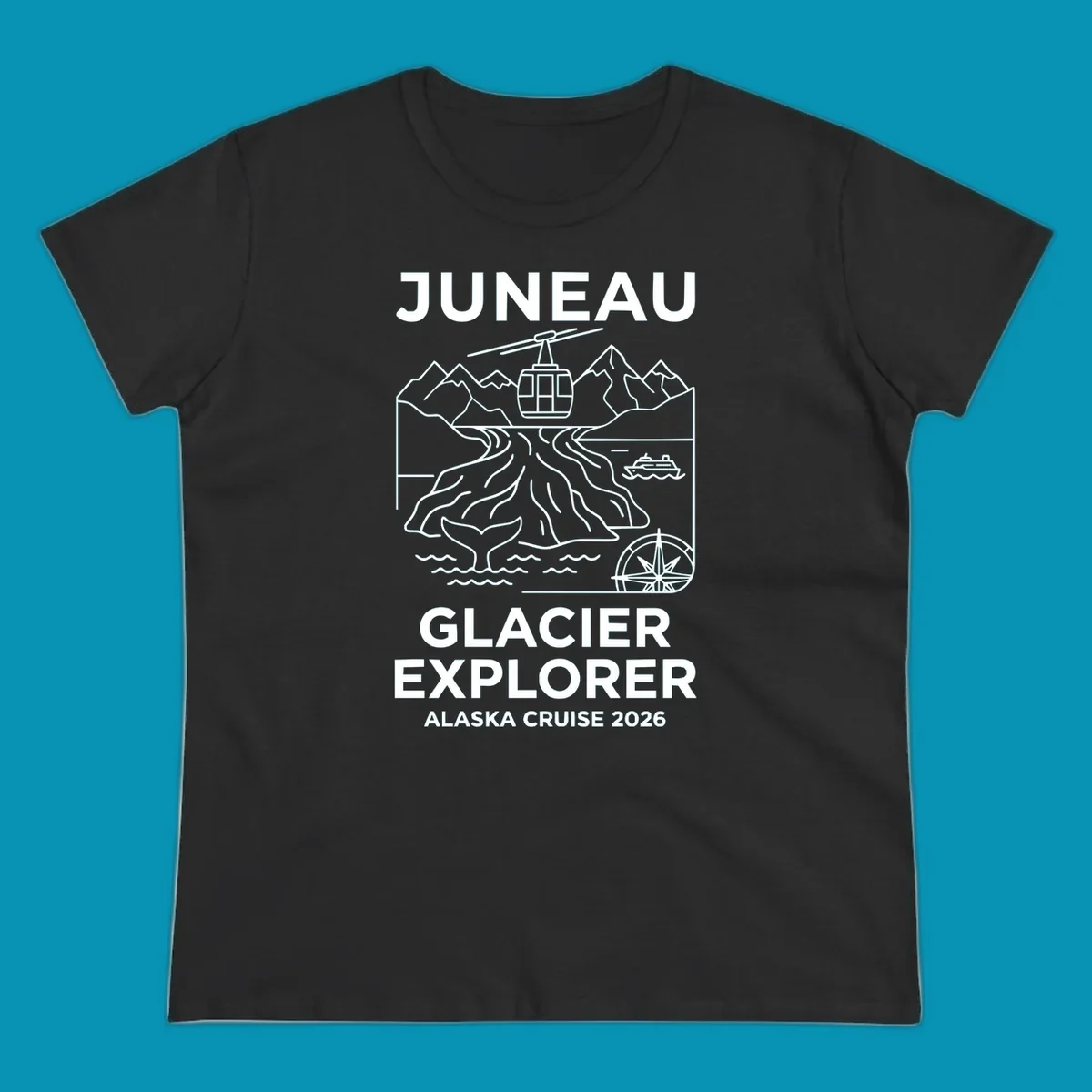Juneau glacier explorer design featuring cable car, mountains, glacial crevasses, cruise ship, whale tail, and compass rose in white line art on gray background with 'JUNEAU GLACIER EXPLORER ALASKA CRUISE 2026' text.