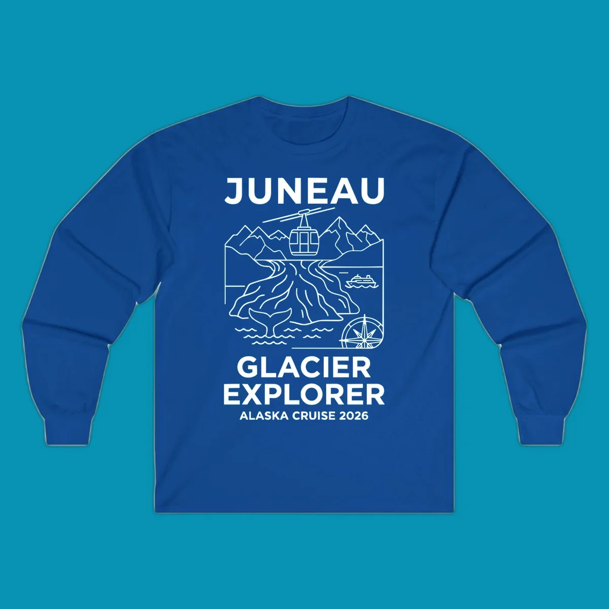 Juneau glacier explorer design featuring cable car, mountains, glacial crevasses, cruise ship, whale tail, and compass rose in white line art on gray background with 'JUNEAU GLACIER EXPLORER ALASKA CRUISE 2026' text.