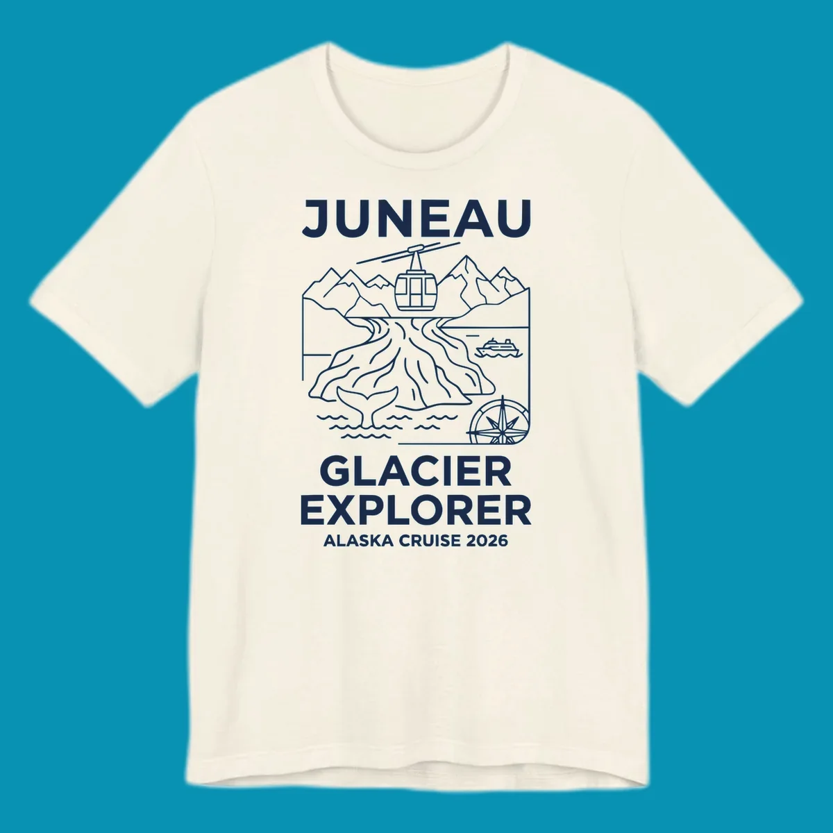 Juneau glacier explorer design featuring cable car, mountains, glacial crevasses, cruise ship, whale tail, and compass rose in white line art on gray background with 'JUNEAU GLACIER EXPLORER ALASKA CRUISE 2026' text.