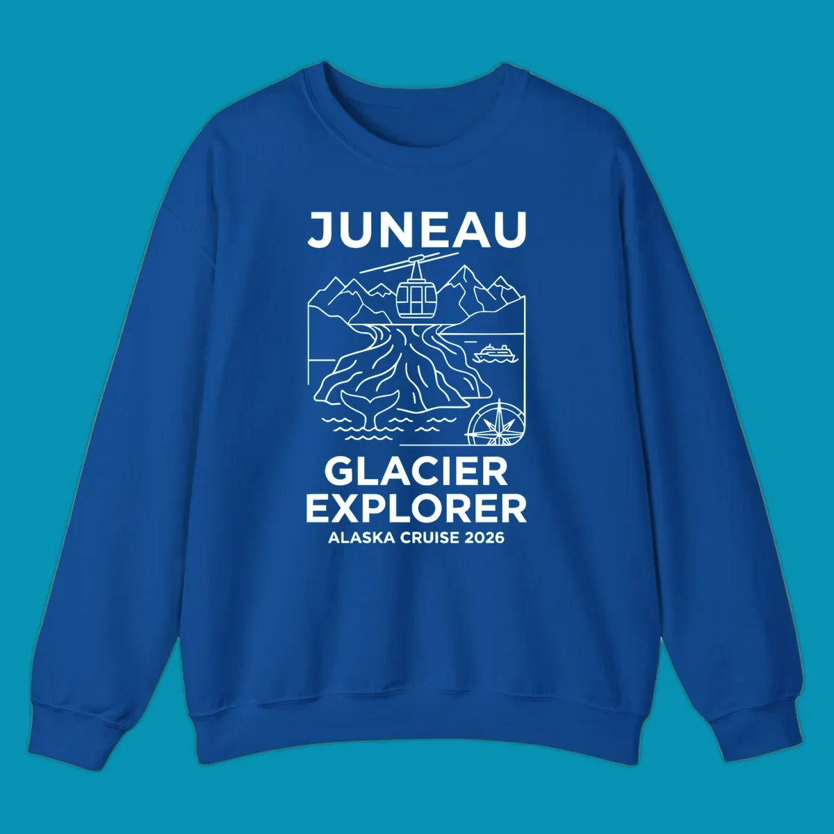 Juneau glacier explorer design featuring cable car, mountains, glacial crevasses, cruise ship, whale tail, and compass rose in white line art on gray background with 'JUNEAU GLACIER EXPLORER ALASKA CRUISE 2026' text.