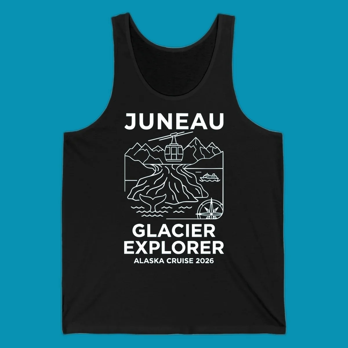 Juneau glacier explorer design featuring cable car, mountains, glacial crevasses, cruise ship, whale tail, and compass rose in white line art on gray background with 'JUNEAU GLACIER EXPLORER ALASKA CRUISE 2026' text.