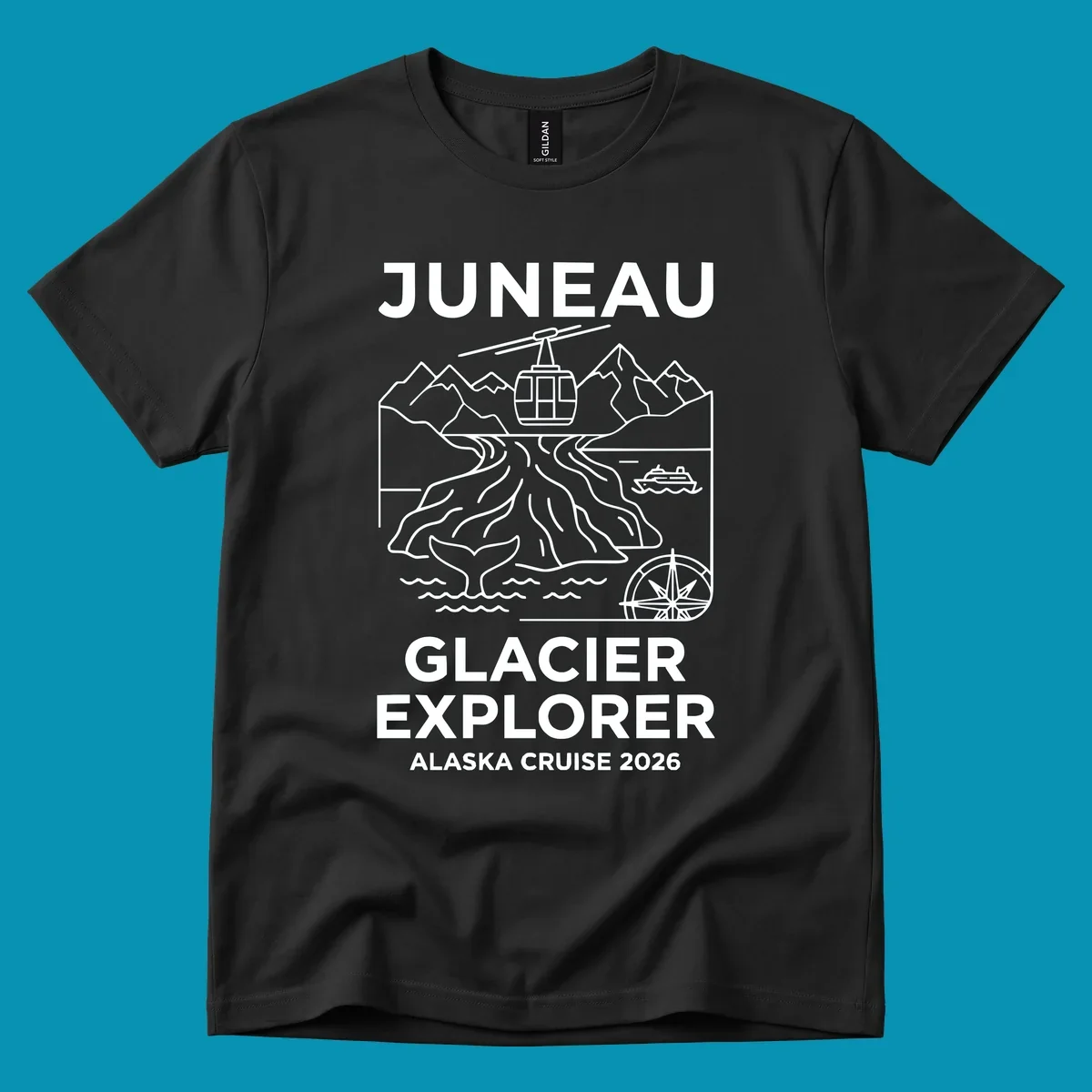 Juneau glacier explorer design featuring cable car, mountains, glacial crevasses, cruise ship, whale tail, and compass rose in white line art on gray background with 'JUNEAU GLACIER EXPLORER ALASKA CRUISE 2026' text.