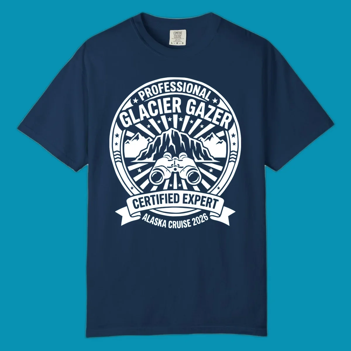 Professional glacier gazer certified expert badge design featuring binoculars, glacier mountain, and radiating sun rays for Alaska cruise 2026