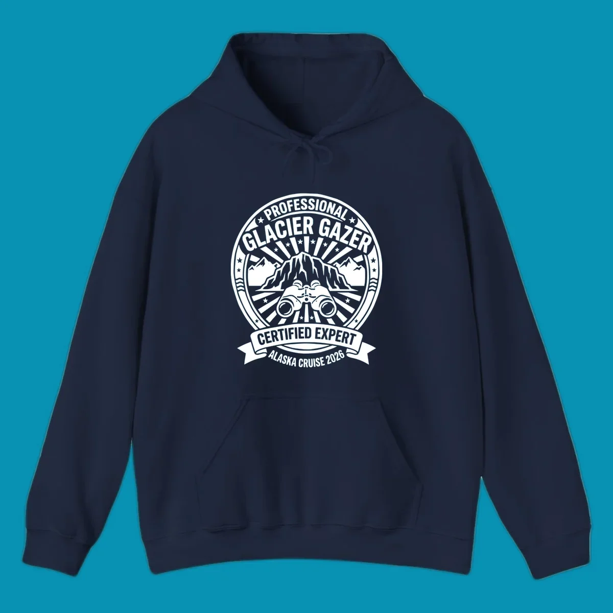 Professional glacier gazer certified expert badge design featuring binoculars, glacier mountain, and radiating sun rays for Alaska cruise 2026