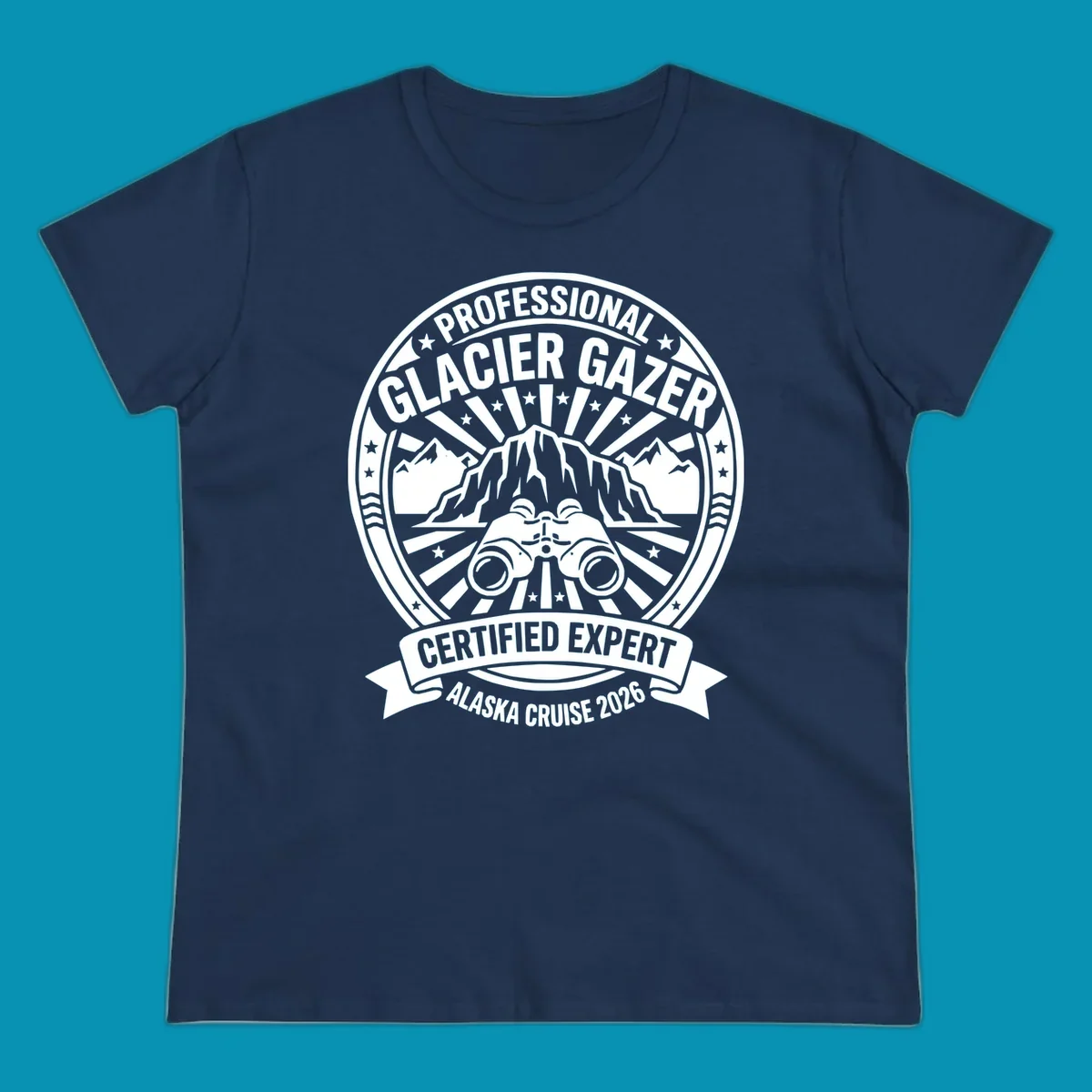 Professional glacier gazer certified expert badge design featuring binoculars, glacier mountain, and radiating sun rays for Alaska cruise 2026