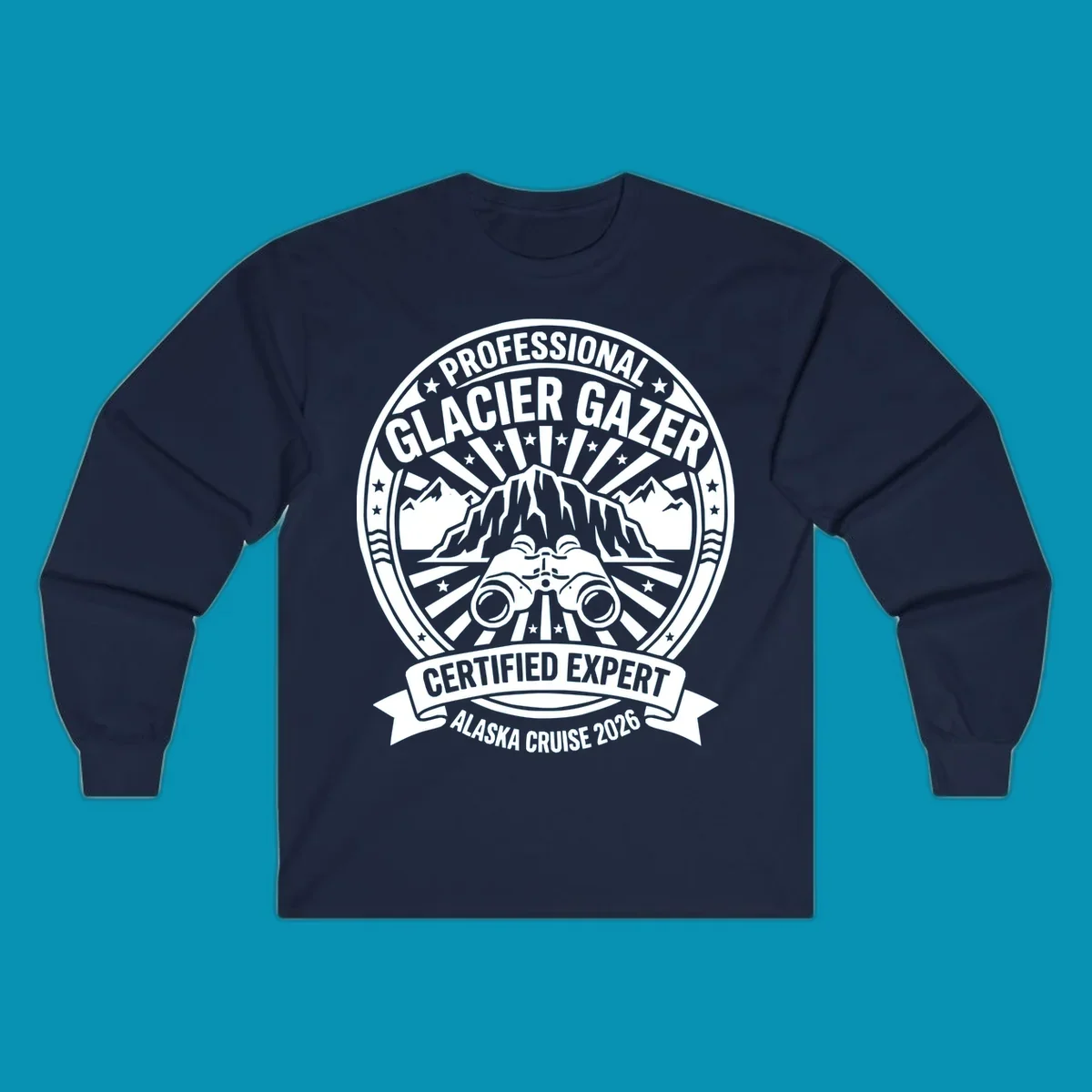 Professional glacier gazer certified expert badge design featuring binoculars, glacier mountain, and radiating sun rays for Alaska cruise 2026