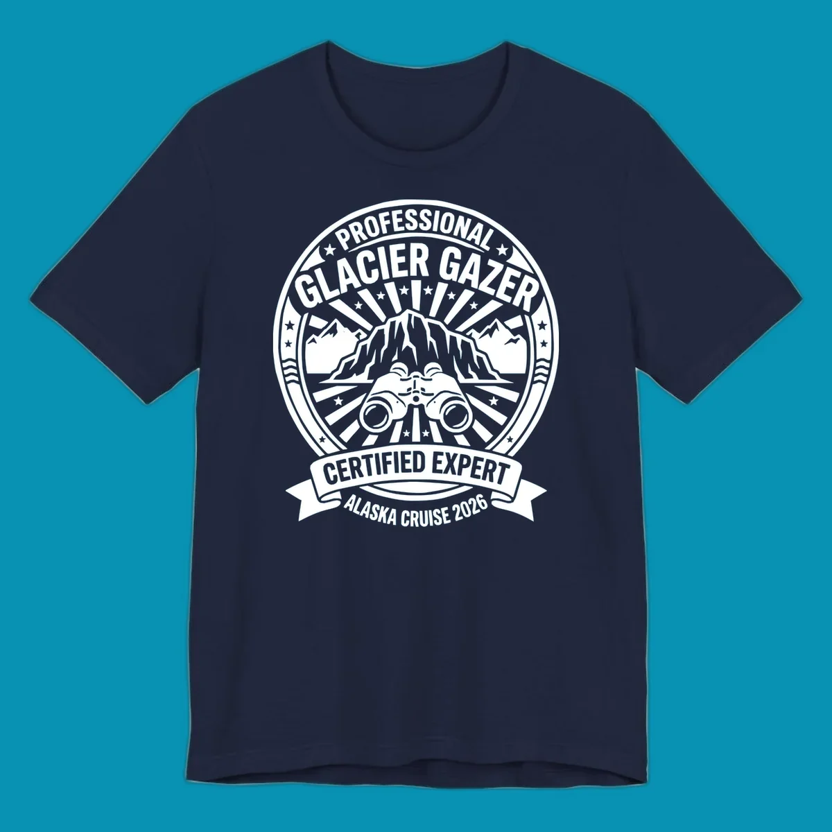 Professional glacier gazer certified expert badge design featuring binoculars, glacier mountain, and radiating sun rays for Alaska cruise 2026