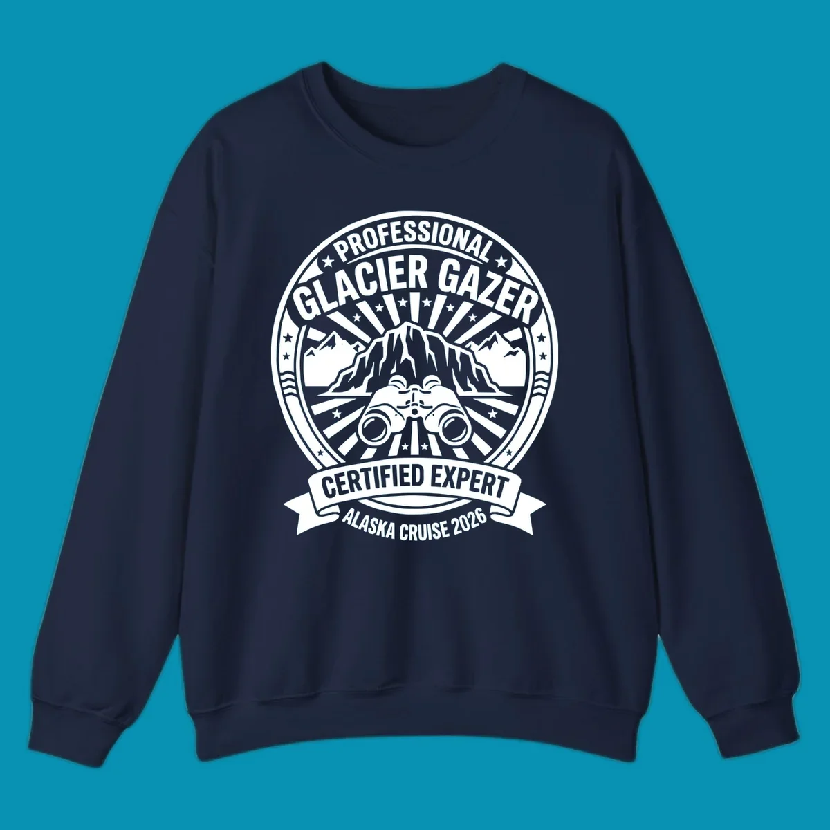 Professional glacier gazer certified expert badge design featuring binoculars, glacier mountain, and radiating sun rays for Alaska cruise 2026