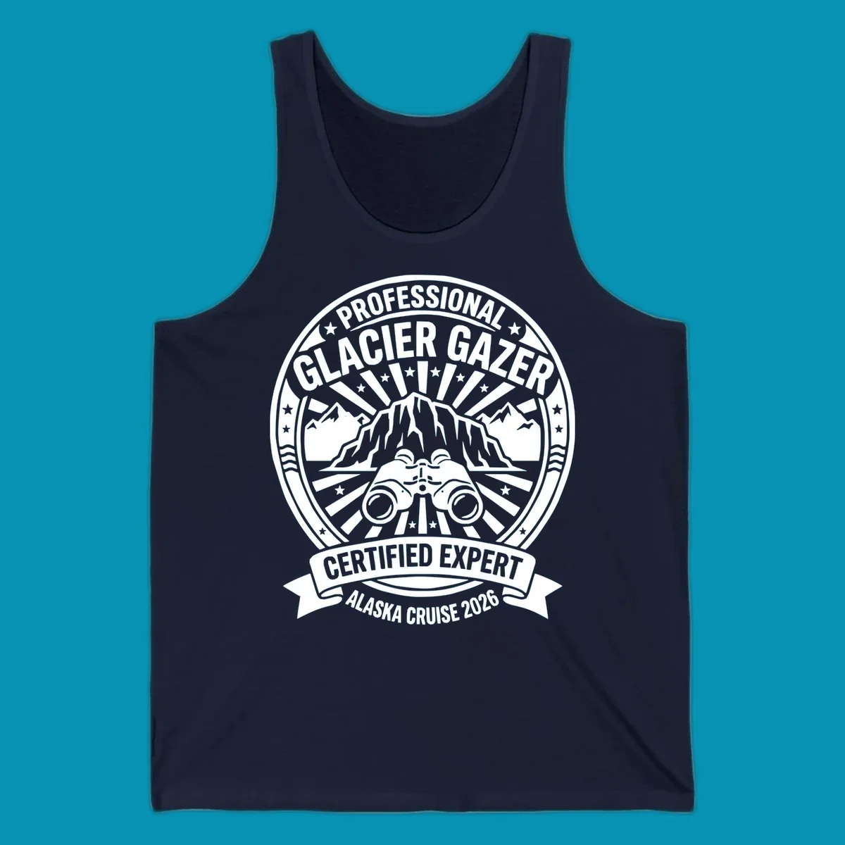 Professional glacier gazer certified expert badge design featuring binoculars, glacier mountain, and radiating sun rays for Alaska cruise 2026