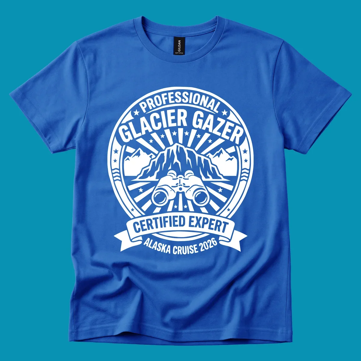 Professional glacier gazer certified expert badge design featuring binoculars, glacier mountain, and radiating sun rays for Alaska cruise 2026
