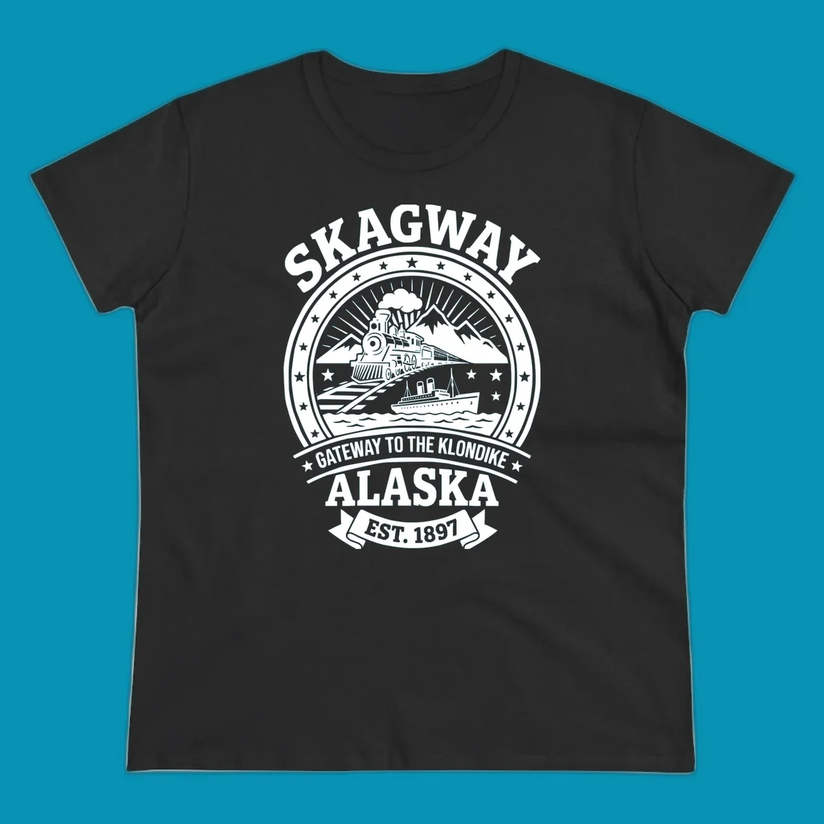 Vintage circular badge design featuring Skagway Klondike Gold Rush imagery with steam locomotive, mountains, steamship, and 1897 establishment date