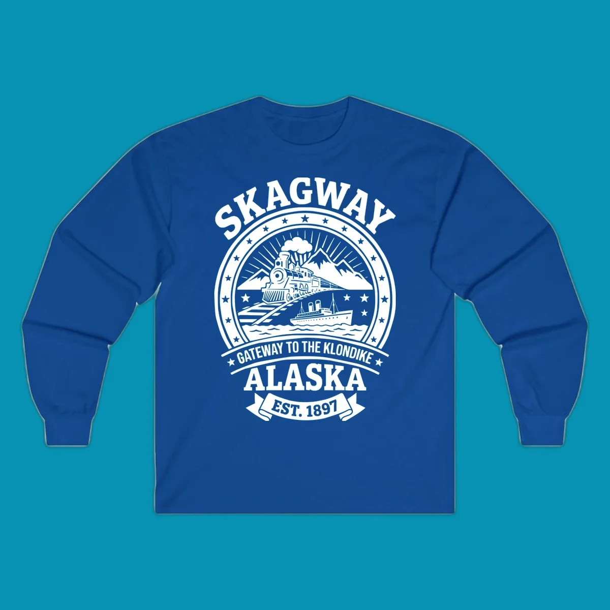 Vintage circular badge design featuring Skagway Klondike Gold Rush imagery with steam locomotive, mountains, steamship, and 1897 establishment date