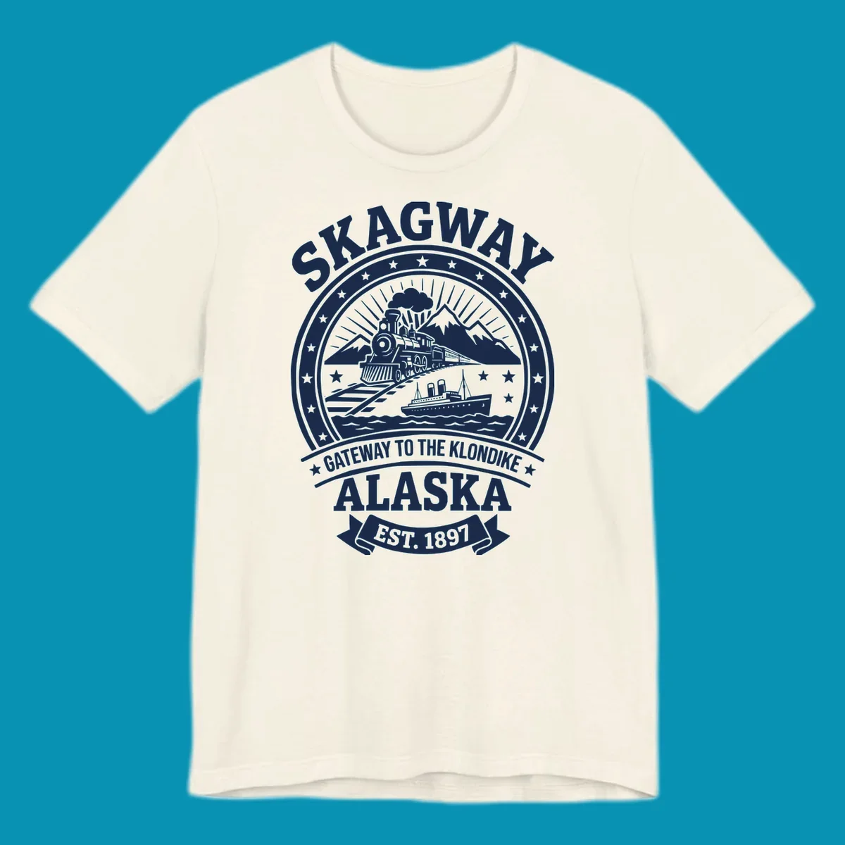 Vintage circular badge design featuring Skagway Klondike Gold Rush imagery with steam locomotive, mountains, steamship, and 1897 establishment date