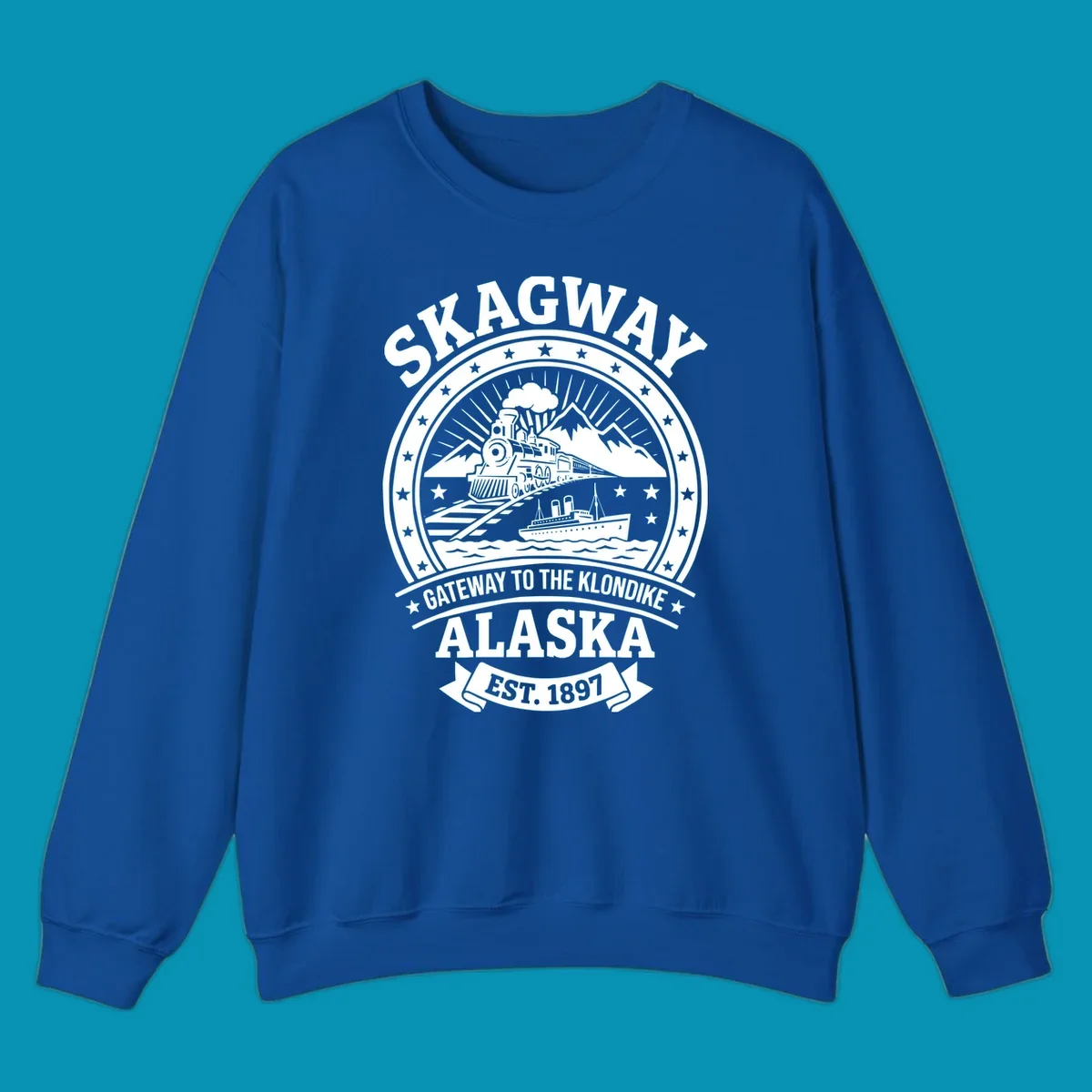 Vintage circular badge design featuring Skagway Klondike Gold Rush imagery with steam locomotive, mountains, steamship, and 1897 establishment date